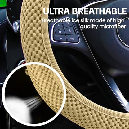 Elastic Stretch Car Steering Wheel Cover, Comfortable Steering Wheel Cover Universal for 14.5-15 Inch, Warm in Winter & Cool in Summer, Anti-Slip Breathable Ice Silk (Beige) - color: Beige