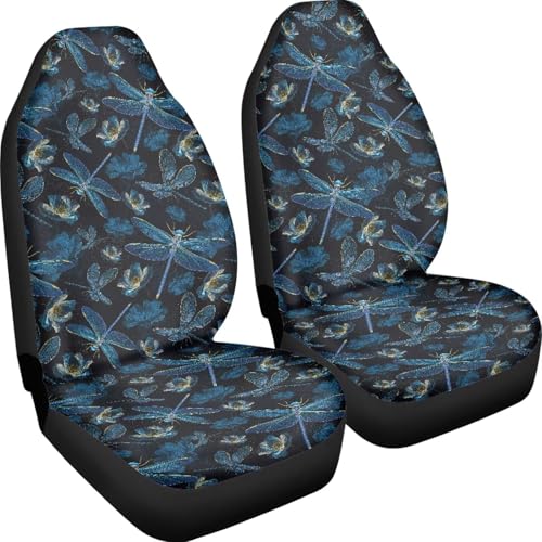 Dragonfly Print Automotive Seat Covers Front Only, Comfortable Breathable Front Car Seat Covers Universal Fit Sedan Van Truck SUV - color: Black and Blue - Dragonfly