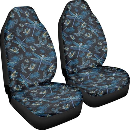 Dragonfly Print Automotive Seat Covers Front Only, Comfortable Breathable Front Car Seat Covers Universal Fit Sedan Van Truck SUV - color: Black and Blue - Dragonfly