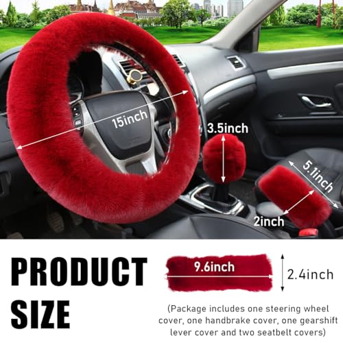 5 PCS Fluffy Steering Wheel Covers Set, Faux Wool Steering Wheel Cover & Handbrake Cover & Gear Shift Cover & 2 Seat Belt Shoulder Pads, Universal Car Accessories (Wine Red) - color: Wine Red