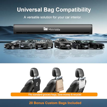 Mistriddle Headrest Hanging Car Trash Bag Holder - Aluminum Alloy with 25 Disposable Trash Bags, 2 Headrest Hooks, Compact Car Garbage Bin for Back Seat, Office, Travel & Camping (Black)