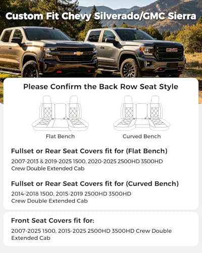 Huidasource Fit for Coffee Chevy Silverado Seat Covers, GMC Sierra Seat Covers, Thickened Nappa Leather Truck Seat Cover 2007-2013&2019-2025 1500, 2020-2025 2500HD 3500HD Crew Double Extended Cab - color: Coffee, size: Full Set 2007-2013&2019-2025 (Flat B