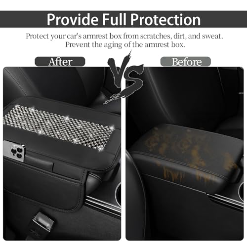 NBTEPEM Bling Car Armrest Cover, Universal Microfiber Leather Center Console Cover with 2 Pockets, Rhinestone Car Armrest Cushion Protector, Bling Accessories Interior (Black Diamond) - color: Black Diamond