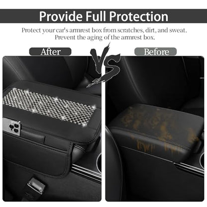 NBTEPEM Bling Car Armrest Cover, Universal Microfiber Leather Center Console Cover with 2 Pockets, Rhinestone Car Armrest Cushion Protector, Bling Accessories Interior (Black Diamond) - color: Black Diamond