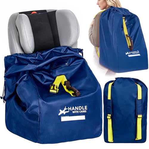 Car Seat Travel Bag for Airplane - Fits Infant Car Seats, Convertible Car Seats, Booster Seats, Car Seat Bases - for Worry-Saving, Effortless and Safe Travel - color: Navy with Yellow