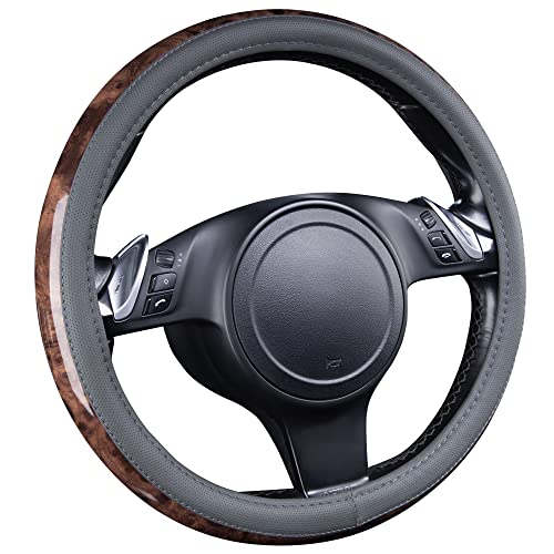 CAR PASS Wood Grain Microfiber Leather Steering Wheel Cover, Universal Fit for 14 1/2-15 inch Gray Steering Wheel, Anti-Slip Veins Design,Cars, Suvs,Minivans, Sedans (Gray) - color: gray