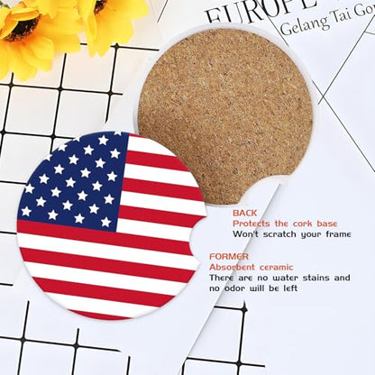 COYEUX Absorbent Car Cup Holder Coaster 2 Pack, Funny Car Accessories Interior, 2.56" Cute Car Coasters with a Finger Notch for Women & Men American Flag
