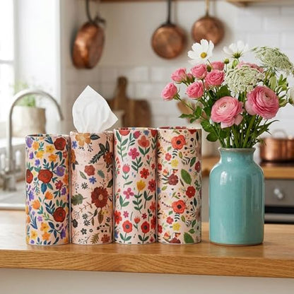 EUOYUFO 200 Sheets Car Tissues with 4 Pack Floral Cylinder Holder Round Portable Travel Tubes Box Container Tissue for Car Cup Holders Home Bathroom Office