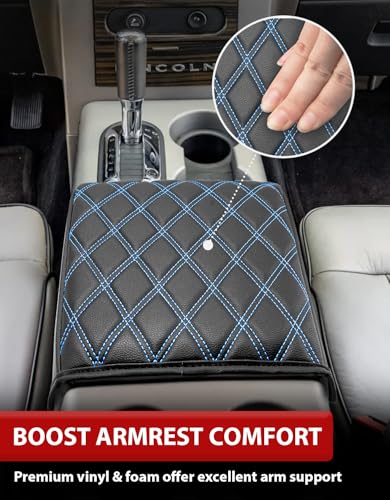KBH Center Console Armrest Cover for 2004-2014 F150, 2007-2017 Ford Expedition, 2006-2008 Lincoln Mark LT, PU Leather Trim, Anti-Scratch, Black-Blue Stitch (Fits Bucket Seat Console Only) - size: Bucket Seat, 04-14 F150, Blue Stitch