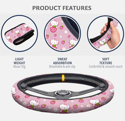 Kitty Accessories Car, Strawberry Pink Cat Wheel Cover, Y2K Car Accessories, Girly Steering Wheel Cover, Universal Fit 14.5-15 inch Auto SUV Vans Trucks, Anti-Slip and Sweat Absorption - color: Pink