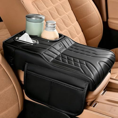 Upgraded Car Center Console Cover,PU Leather Car Armrest Cover Cushion Contains High Elasticity Sponge with Cup Holder,2 Storage Bags Tissue Box (Black-B) - color: Black-B