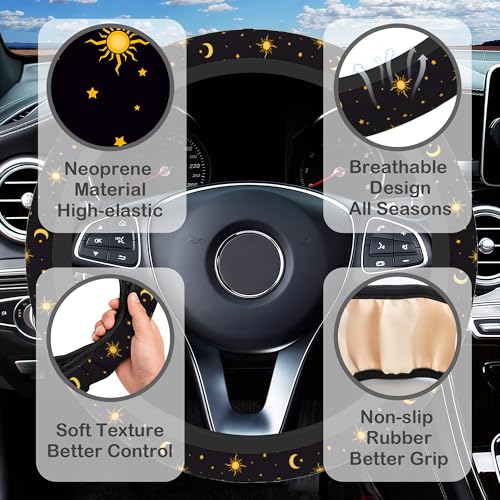 Sun Moon Star Steering Wheel Cover with 2 Pcs Car Coasters Neoprene Steering Wheel Cover for Women Men Anti-Slip Breathable Car Accessories Universal 15 Inch Fit Auto Cars Trucks - color: Sun Moon Star