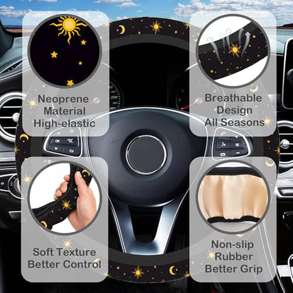 Sun Moon Star Steering Wheel Cover with 2 Pcs Car Coasters Neoprene Steering Wheel Cover for Women Men Anti-Slip Breathable Car Accessories Universal 15 Inch Fit Auto Cars Trucks - color: Sun Moon Star