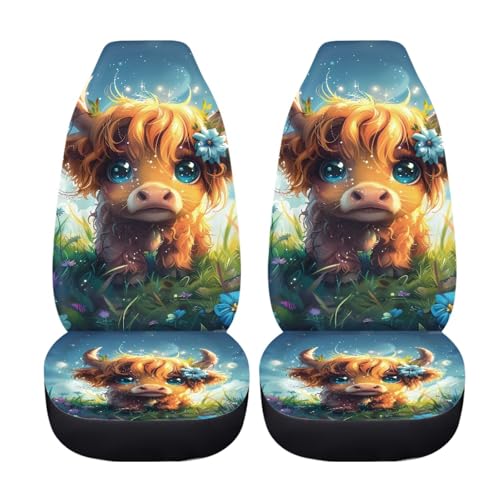 INSTANTARTS Cute Highland Cow Car Seat Covers Full Set of 2 Vehicle Protector Front Seats Covers Stretchy Washable Car Accessories Bucket Seat Cover - color: Cute Highland Cow