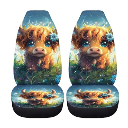INSTANTARTS Cute Highland Cow Car Seat Covers Full Set of 2 Vehicle Protector Front Seats Covers Stretchy Washable Car Accessories Bucket Seat Cover - color: Cute Highland Cow