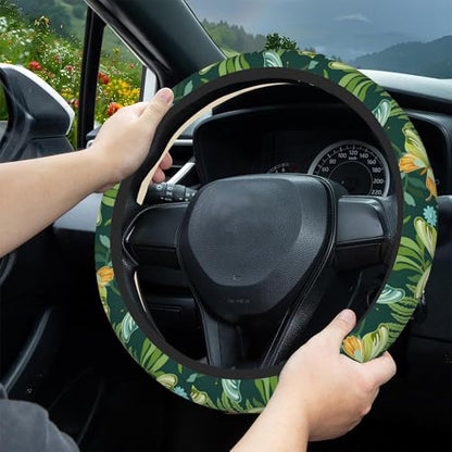 Tropical Butterflies and Plants Steering Wheel Covers Universal 15 Inch Car Wheel Cover,Anti-Slip Breathable Car Accessories Protector Fit for Trucks,Sedans,SUVs,Vans - color: Tropical Butterflies and Plants