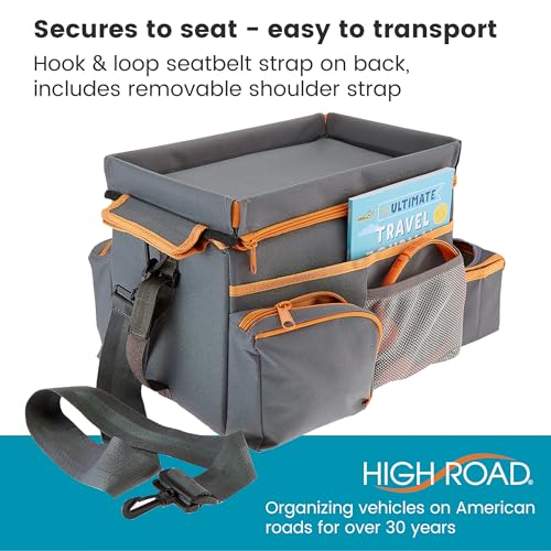 High Road CarHop Car Caddy Organizer with Road Trip Cooler, Car Cup Holder Bin, Sturdy Snack and Play Lid and 6 Organization and Storage Pockets, Gray - color: Gray