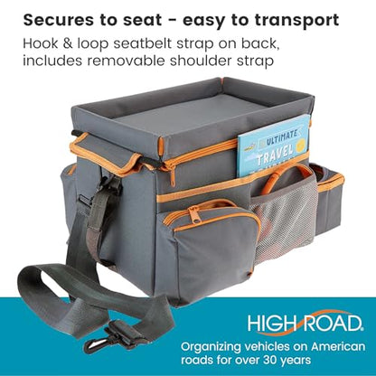 High Road CarHop Car Caddy Organizer with Road Trip Cooler, Car Cup Holder Bin, Sturdy Snack and Play Lid and 6 Organization and Storage Pockets, Gray - color: Gray