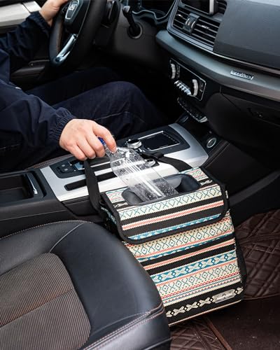 SIBOFUEGO Car Garbage Can Cute - Leak-Proof Car Trash Can with Lid and Storage Pockets, Car Trash Bin for Men and Women, Boho Aztec Essentials: Must-Have Car Interior Accessories (Beige Aztec Motif)