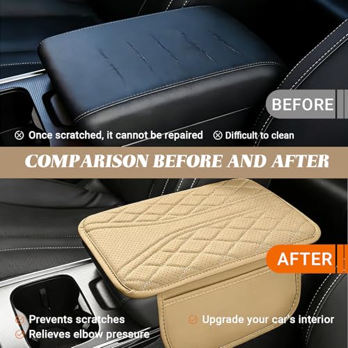 Upgraded Car Center Console Cover, Leather Auto Armrest Cover with 2 Storage Bags, Waterproof Center Console Protective Pad, Universal Cars Armrest Storage Box for Sedan, SUV, Truck (Beige) - color: Beige