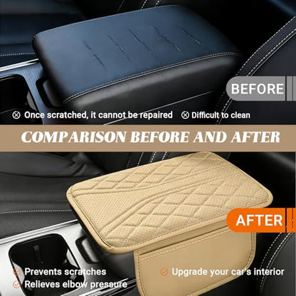 Upgraded Car Center Console Cover, Leather Auto Armrest Cover with 2 Storage Bags, Waterproof Center Console Protective Pad, Universal Cars Armrest Storage Box for Sedan, SUV, Truck (Beige) - color: Beige