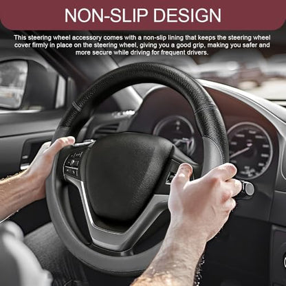 Car Steering Wheel Cover, Durable Leather Cover with Anti-Slip Lining, Microfiber PU Leather Elastic Steering Wheel Protector, Comfortable Non-Slip Steering Wheel Covers for Autos (Grey) - color: Grey