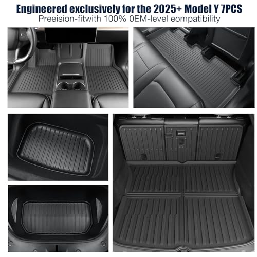 All Weather Floor Mats Custom Fit Tesla Model Y 2025-2026 5-Seater (Not for Standard),TPE Waterproof Odorless Car Floor Mats Set with Rear Seat Back Protector Interior Accessories(7 PCS)
