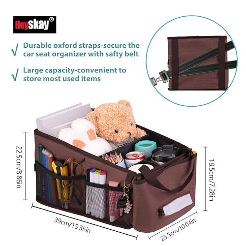 HEYSKAY Car Seat Organizer-Passenger Seat Organizer, Collapsible Small Car Seat Organizer for Console Front/Back, Car Caddy Organizer with 4pc Drink Holders Automotive Backseat Organizer for Kids - color: Brown