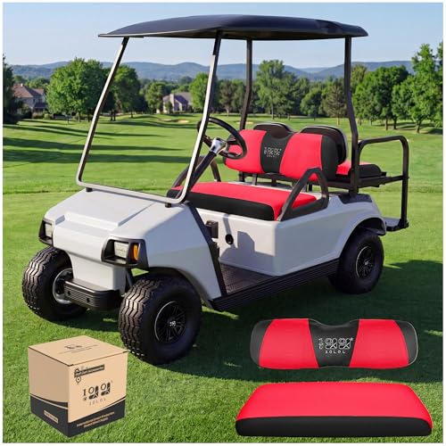 10L0L Golf Cart Seat Covers, Super Comfort Cooler Than Vinyl Seat Cover, Front and Rear Seat Cover for Yamaha EZGO Club Car, No Drilling Breathable Mesh Bench Seat Blanket, Machine Washable - color: Red + Black, style: Front Seat - For EZGO TXT & RXV & Cl
