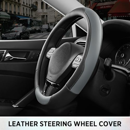 Road Comforts Steering Wheel Cover, Breathable Anti-Slip Leather Steering Wheel Cover, Universal Fit 14.5–15 Inch, Comfortable Grip - Gray Color