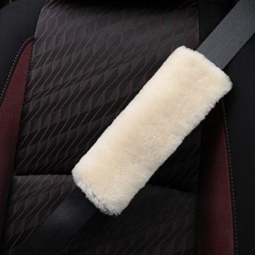 2 Pack Automotive Authentic Sheepskin Car Seat Belt Pads, Soft Shoulder Pad, Neck Cushion Protector, Genuine Natural Merino Wool (Pearl)