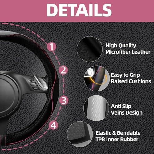 NBTEPEM 6 PCS Car Steering Wheel Cover Set, Microfiber Leather Steering Wheel Covers Universal 14.5-15 inch, Center Console Cover, Seat Belt Cushion, Cup Holder Coaster, Car Accessories Set Pink - color: Black with pink, size: Steering Wheel Cover Set