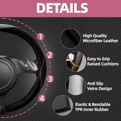 NBTEPEM 6 PCS Car Steering Wheel Cover Set, Microfiber Leather Steering Wheel Covers Universal 14.5-15 inch, Center Console Cover, Seat Belt Cushion, Cup Holder Coaster, Car Accessories Set Pink - color: Black with pink, size: Steering Wheel Cover Set