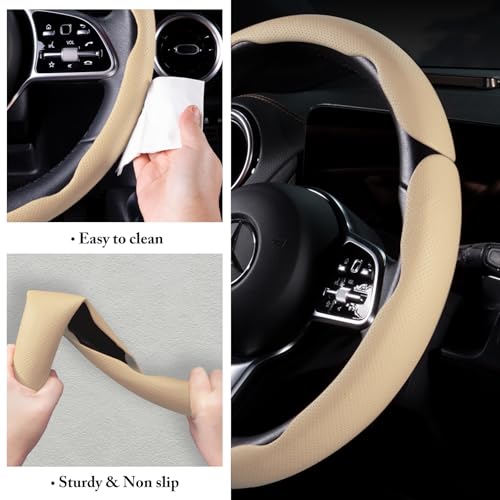 Car Steering Wheel Cover Leather Snap On 3Pcs Set Non-Slip Protector Wrap Steering Wheel Accessories 14.5-15 inch Universal Beige - color: Beige