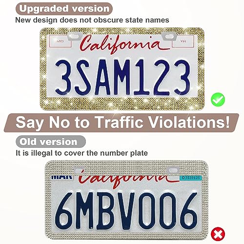 QUANQIUFEI 2 Pack Bling License Plate Frames for Women, Sparkly Rhinestone Diamond Car Accessories with Glitter Crystal Caps (Gold) - color: Gold