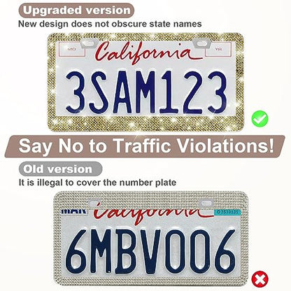 QUANQIUFEI 2 Pack Bling License Plate Frames for Women, Sparkly Rhinestone Diamond Car Accessories with Glitter Crystal Caps (Gold) - color: Gold