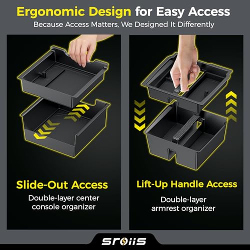 Sroiis® Gen 2 Double-Layer Center Console Organizer Set for Tesla Model Y Juniper Accessories (2025 2026) True 2-Tier Storage System [ Upper Tray + Hidden Lower Compartment ] - 3PCS Jet Black