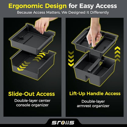 Sroiis® Gen 2 Double-Layer Center Console Organizer Set for Tesla Model Y Juniper Accessories (2025 2026) True 2-Tier Storage System [ Upper Tray + Hidden Lower Compartment ] - 3PCS Jet Black