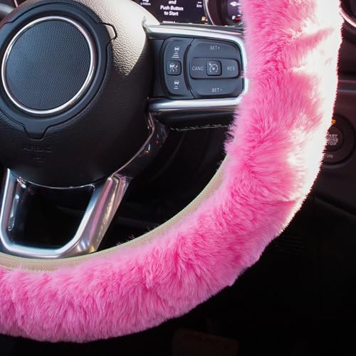 KAFEEK Fluffy Steering Wheel Cover 15 inch, Soft Fuzzy Steering Wheel Cover for Winter Warm, Anti-Slip, Comforting and Luxurious, Pink