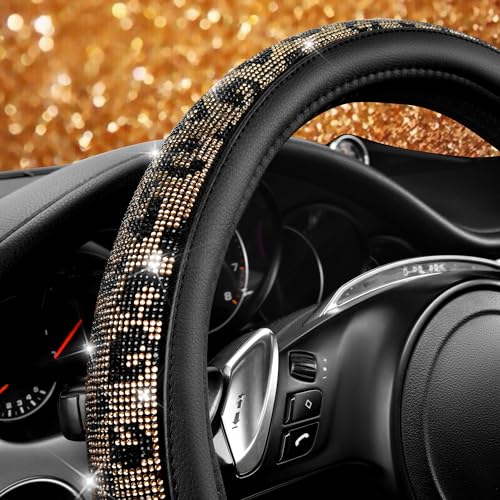 CAR PASS Bling Diamond Steering Wheel Cover Leopard Pattern, Sparkly Crystal Glitter Rhinestones Black Leather Wheel Protect for Women Girl Fit Suvs,Vans,Sedans,Cars,Trucks, 14" 1/2-15" Gold Leopard