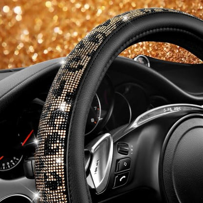 CAR PASS Bling Diamond Steering Wheel Cover Leopard Pattern, Sparkly Crystal Glitter Rhinestones Black Leather Wheel Protect for Women Girl Fit Suvs,Vans,Sedans,Cars,Trucks, 14" 1/2-15" Gold Leopard - color: Leopard Diamond