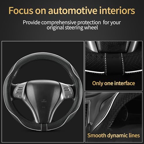 Leather Car Steering Wheel Cover,Anti-Slip, Safety,Soft,Breathable,Heavy Duty,Thick,Full Surround, Sports Style,Universal Car Accessories for Women Men Fit 14" 1/2-15"(Black with White line) - color: Black White Line