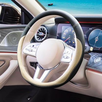 Beige Car Steering Wheel Cover, Nappa Leather, Bottom Color Blocking, Universal 14.5-15 Inch Leather Anti-Slip Breathable Auto Steering Wheel Covers for Men Women - color: Beige