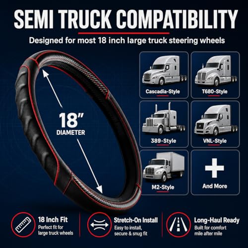 18 Inch Semi Truck Steering Wheel Cover for Freightliner Cascadia, Kenworth T680 T880, Peterbilt 579, Volvo VNL - Anti-Slip Carbon Fiber Grip - Carbon Red - color: Black Red