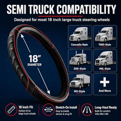 18 Inch Semi Truck Steering Wheel Cover for Freightliner Cascadia, Kenworth T680 T880, Peterbilt 579, Volvo VNL - Anti-Slip Carbon Fiber Grip - Carbon Red - color: Black Red