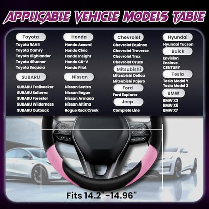 Soft Leather Steering Wheel Cover with Breathable Design and Anti-Slip Grip, Fully Compatible with Tesla, Toyota, Honda, Nissan 14.5-15.2 inch Round Steering Wheel（Sedans and SUVs） - color: DOUBLE-PINK