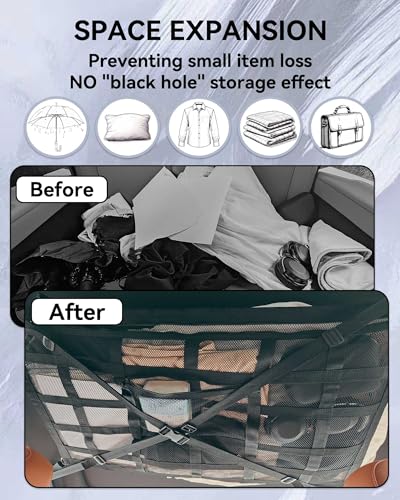 Car Ceiling Cargo Net with 2 Pockets - 35.4"x25.5" Cross-Strap Reinforced Double-Layer Mesh Organizer, Adjustable for SUVs - Road Trips, Camping, Commuting Storage Organization - Gray - size: 35.4"x25.6"-Gray