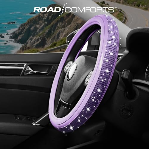 Road Comforts Bling Steering Wheel Cover – Purple Diamond Design, Universal Fit 14.5-15 Inch, Microfiber Leather, Anti-Slip & Breathable Design for Men and Women - color: Purple & Purple