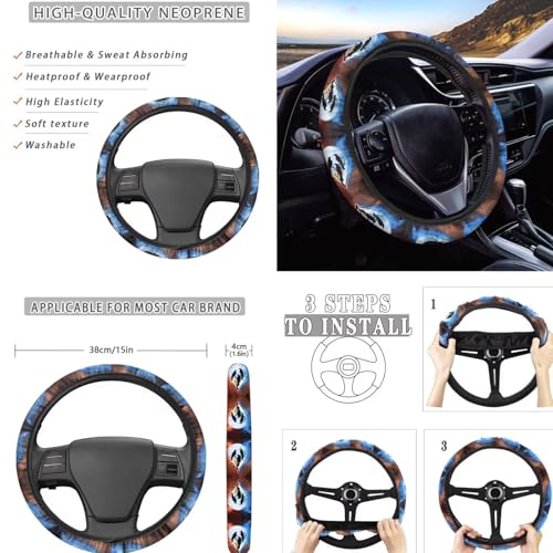 Crow Printed 15 Pcs Car Seat Cover Set, Stretchy Auto Interior Covers Set Front Rear Seat Covers Steering Wheel Protector Seat Belt Pads Lipstick Holder Keychian - color: Brown and Blue-Crow