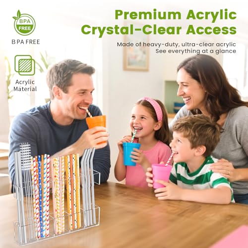 9.5” Large Acrylic Straw Holder for Cabinet Door-Reusable Tumbler Straw Organizer with Ultra Sticky Adhesive Tape ,Plastic Kitchen Accessories Container for Inside Cupboard Door (Transparent)